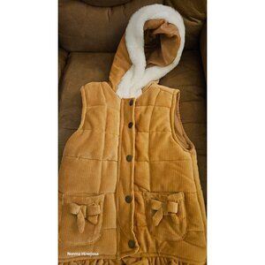 Nicole Miller Girl's Tan Corduroy Hooded Vest W/ Faux Fur Trim & Bow Pocket
